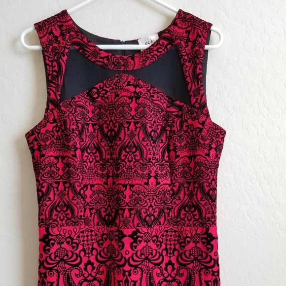 ECI Red & Black Mesh Cutout Damask Sheath Dress 12 - Picture 2 of 8